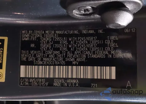 2012 Toyota Highlander Base V6 z USA, uszkodzony, nr VIN 5TDBK3EH3CS164105